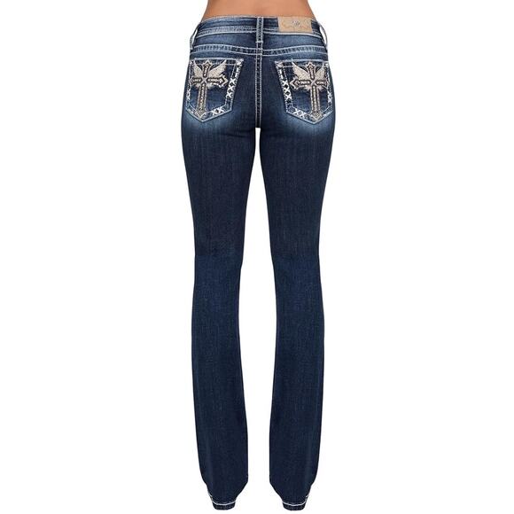 Miss Me Mid-Rise bootcut Jeans Blue Denim with Flap Pockets & Embellishments - Picture 1 of 12